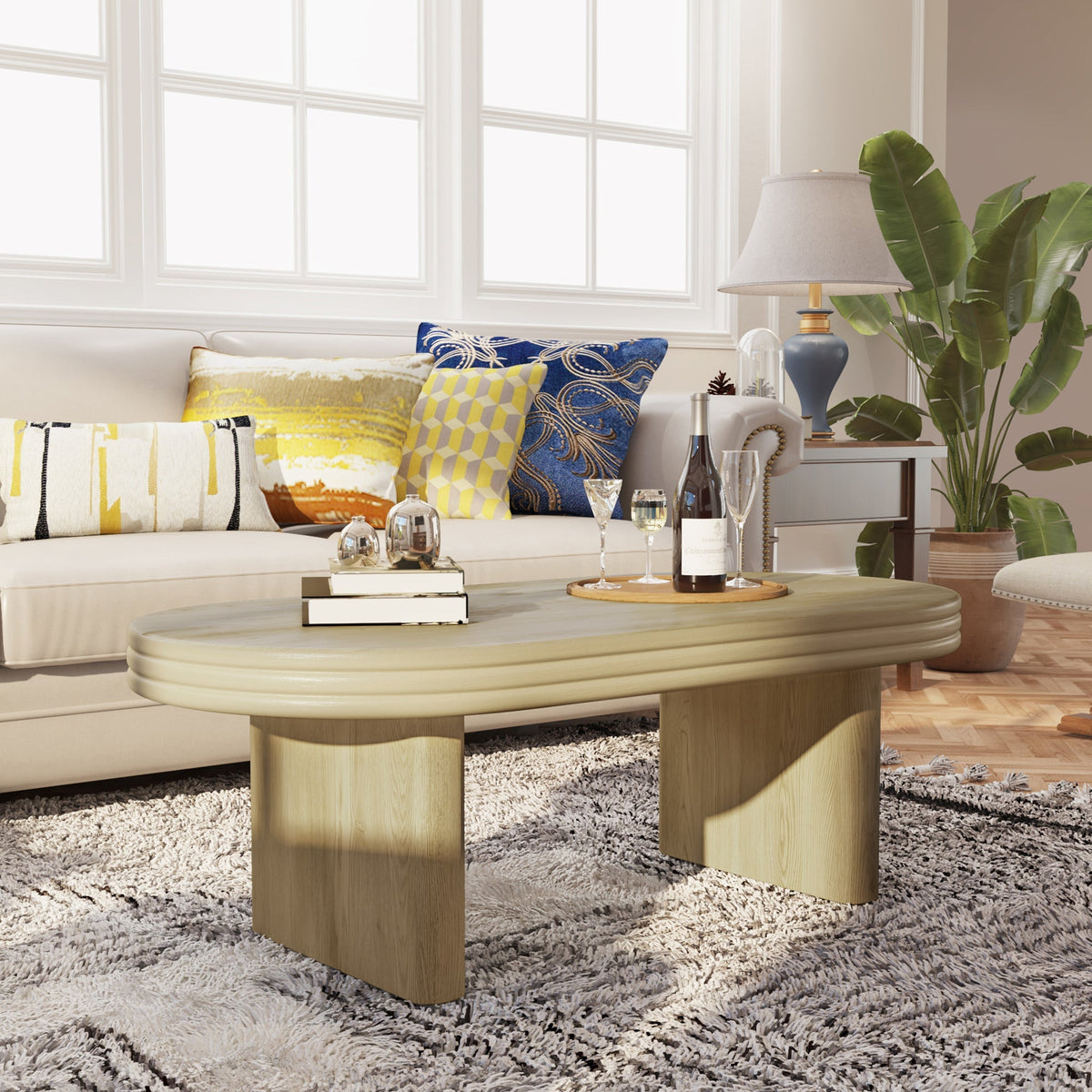 Mid Century Modern Oval Fluted Coffee Table Rustic Wood 120cm - Natural