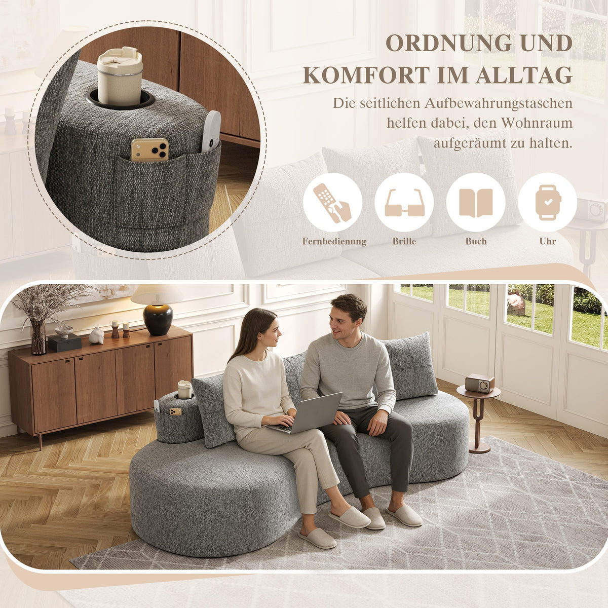 Linen Sofa with 4 Cushions, Cup Holder and Side Pocket, Light Grey