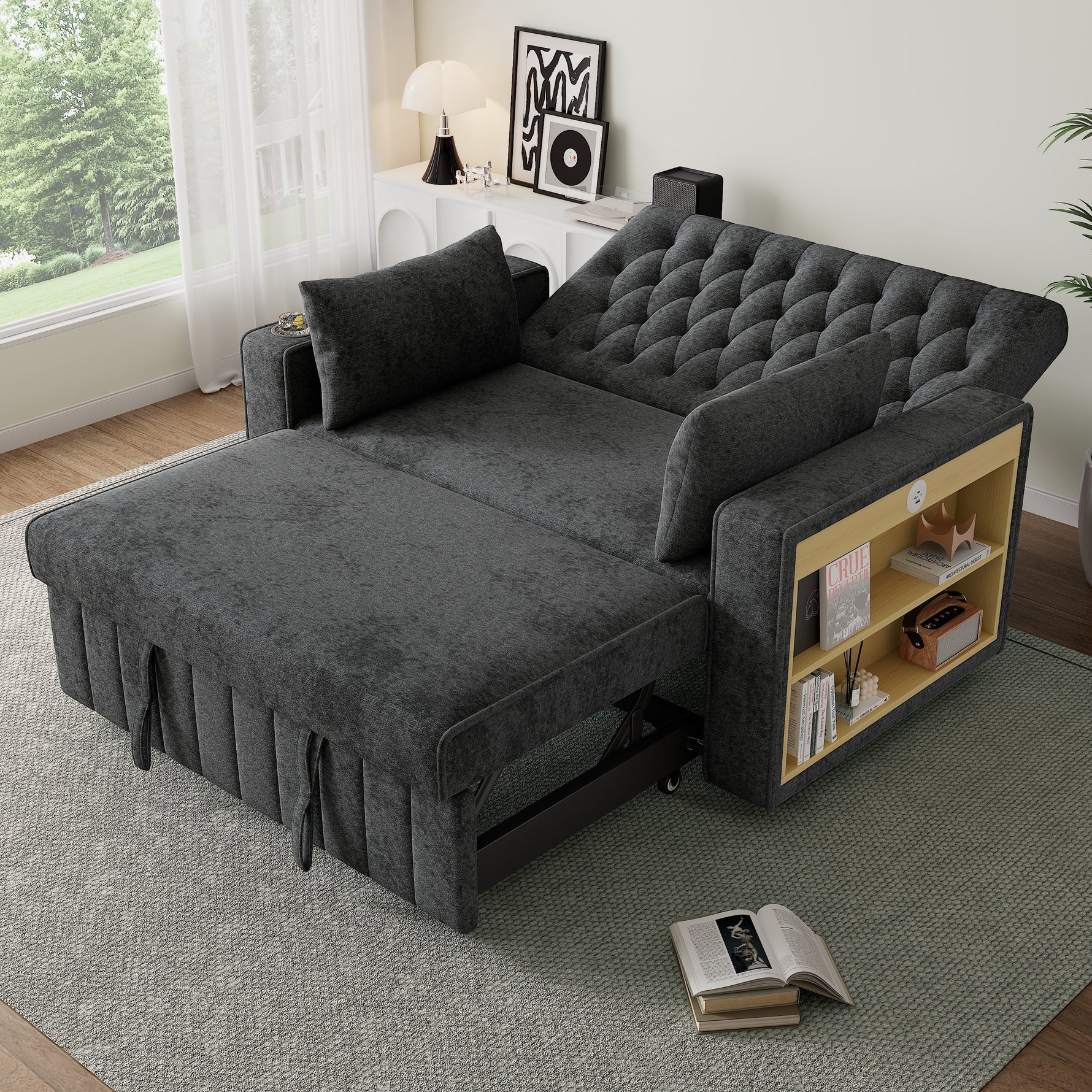 Sofa Bed, Folding with Storage, Cup Holder, USB, Gray