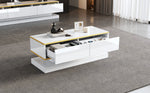 Coffee Table 100x50x38cm High Gloss with 2 Drawers, Warm White and Gold Edge