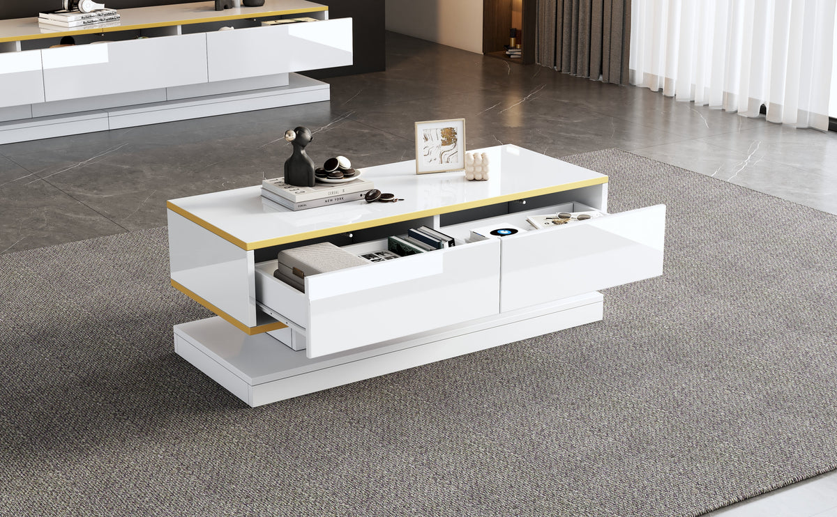 Coffee Table 100x50x38cm High Gloss with 2 Drawers, Warm White and Gold Edge
