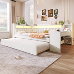 Upholstered Daybed 140x200 with USB, LED, Pull-Out Bed and Desk, White