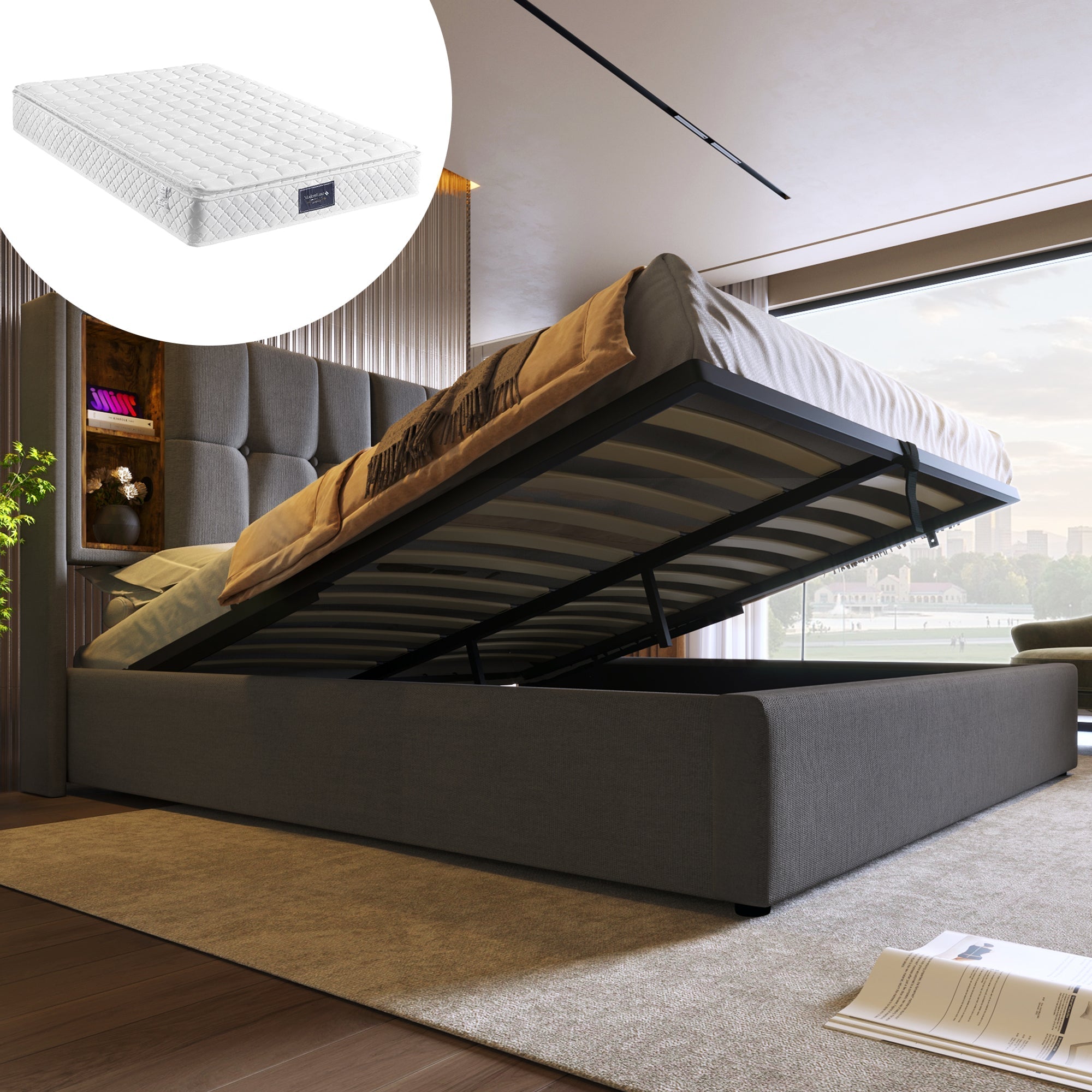 Double Bed with Wireless Charging, Storage, Wood Slatted Frame - Grey Cotton