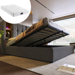 Double Bed with Wireless Charging USB C, 140x200cm, Storage, Wood-Grey Cotton