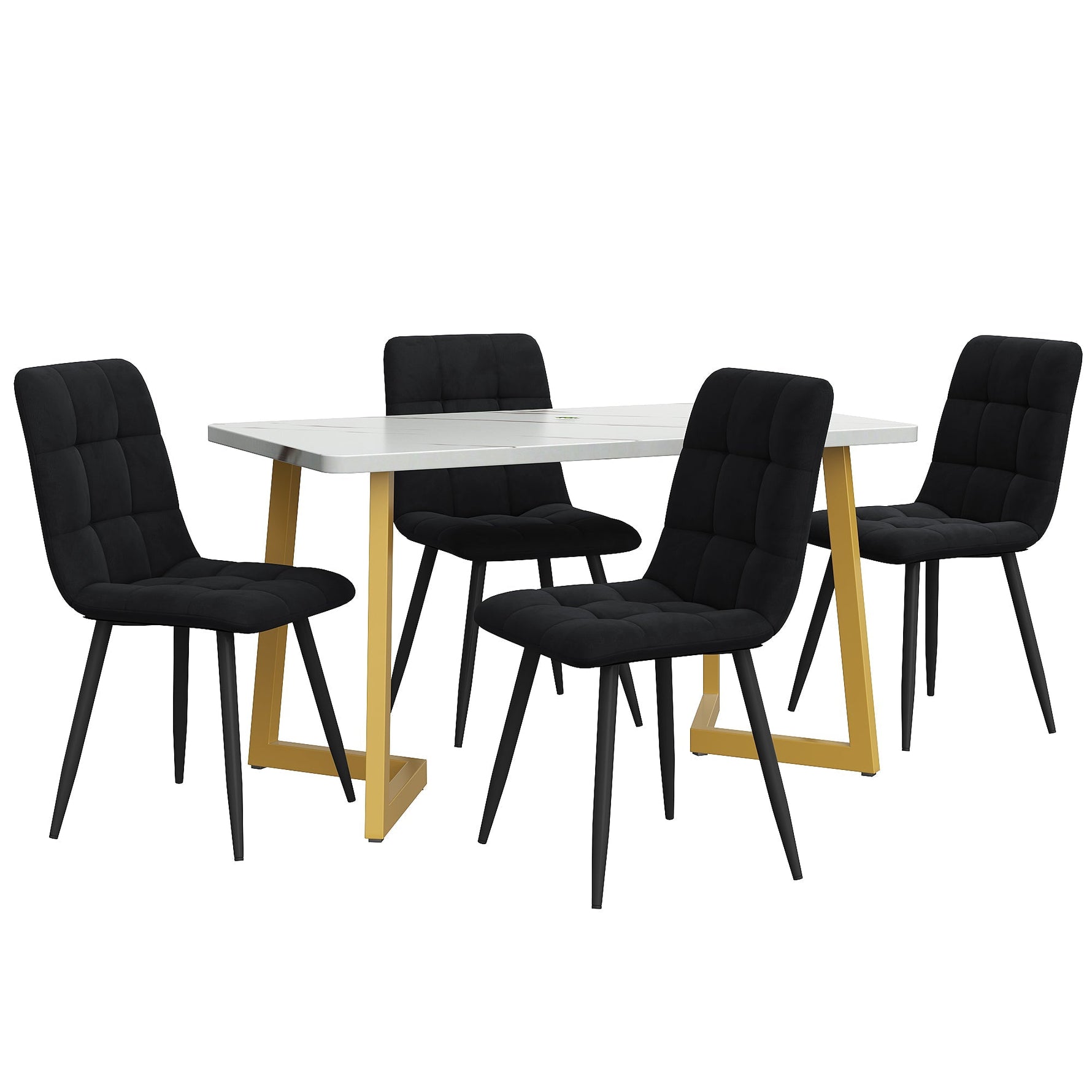 Dining Set 5-Piece 117cm Rectangular Table Black Velvet Gold Legs