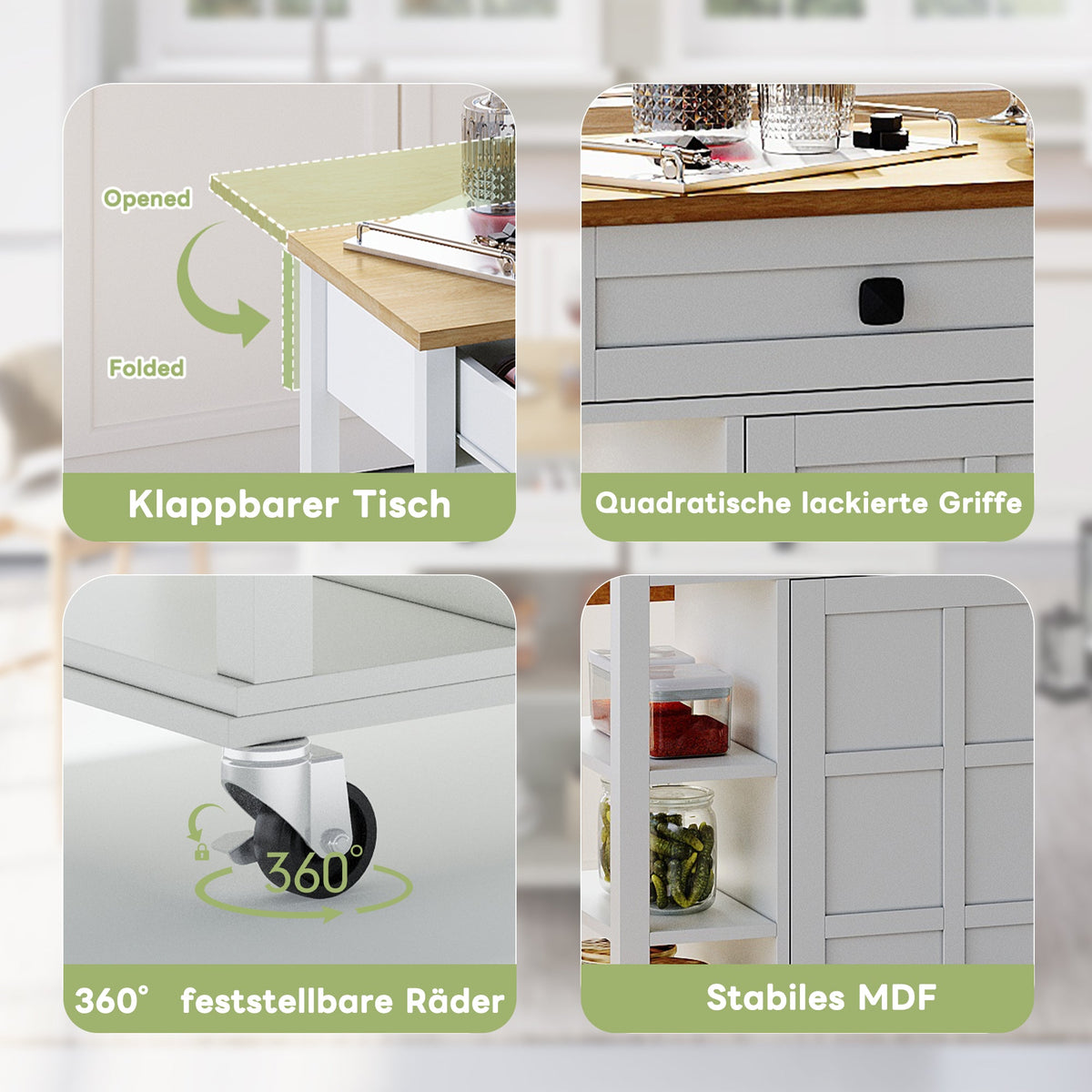 Multifunctional Kitchen Trolley, Fold-Down Worktop, 2 Drawers, On Wheels, Wood
