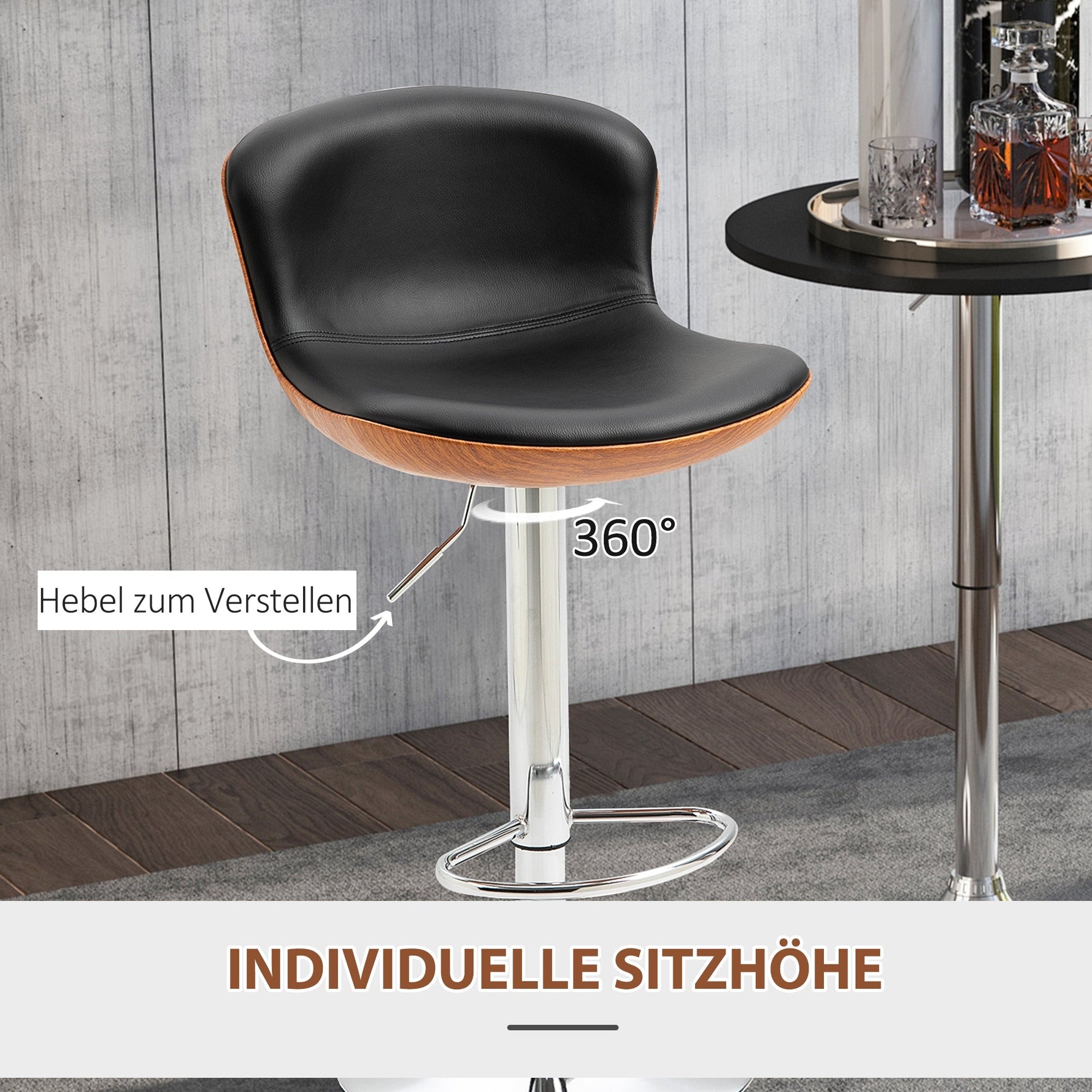 Kitchen Bar Stool Set of 2, Height-Adjustable Swivel with Footrest & Backrest, Faux Leather Black