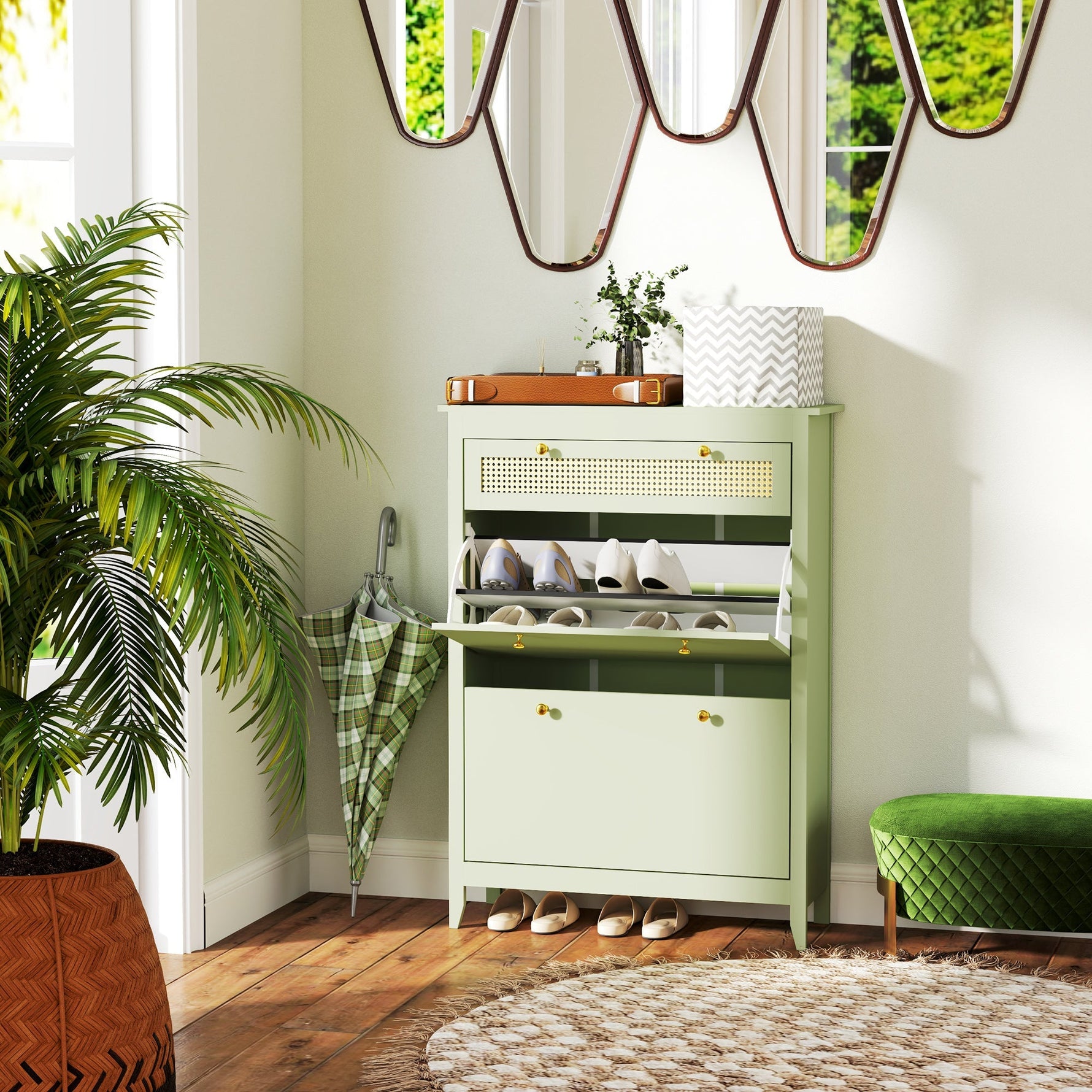 Shoe Cabinet with 2 Doors, Drawer, 12 Pairs, Green