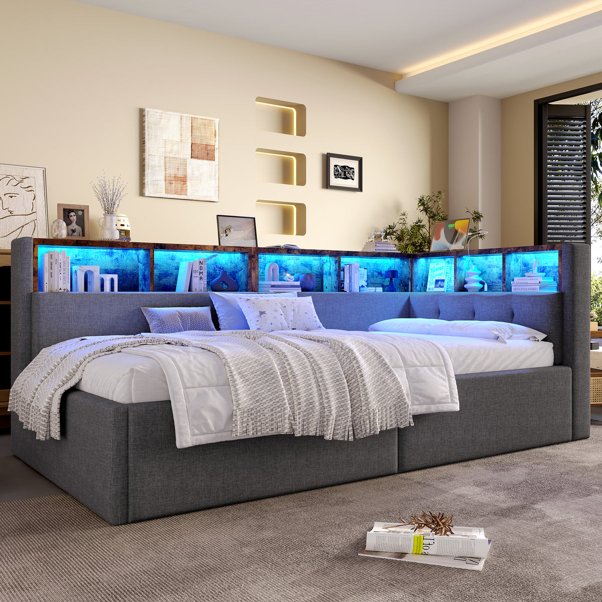 Daybed Sofa Bed 90x200cm with Storage & LED, Grey Linen