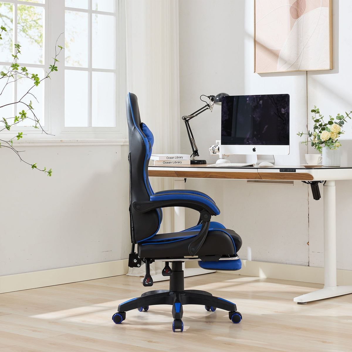 Gaming Chair Ergonomic Racing High-Back with Footrest Headrest Lumbar Support - Black & Blue Leather