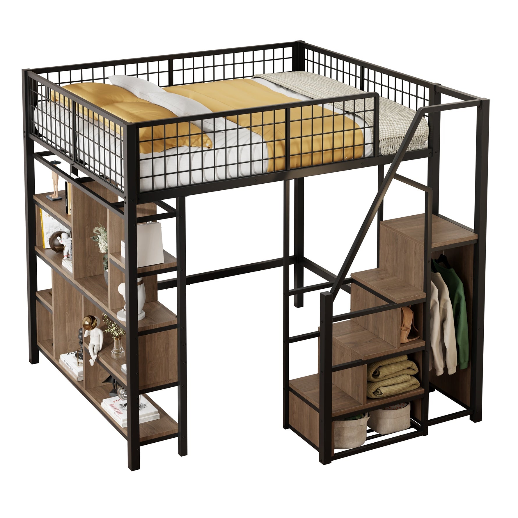 Loft Bed, Multifunctional with Storage & Stairs, 140x200 cm, Metal Black