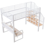 Bunk Bed with Removable Sofa, Storage and Safety Stairs, 140x200cm, White Metal