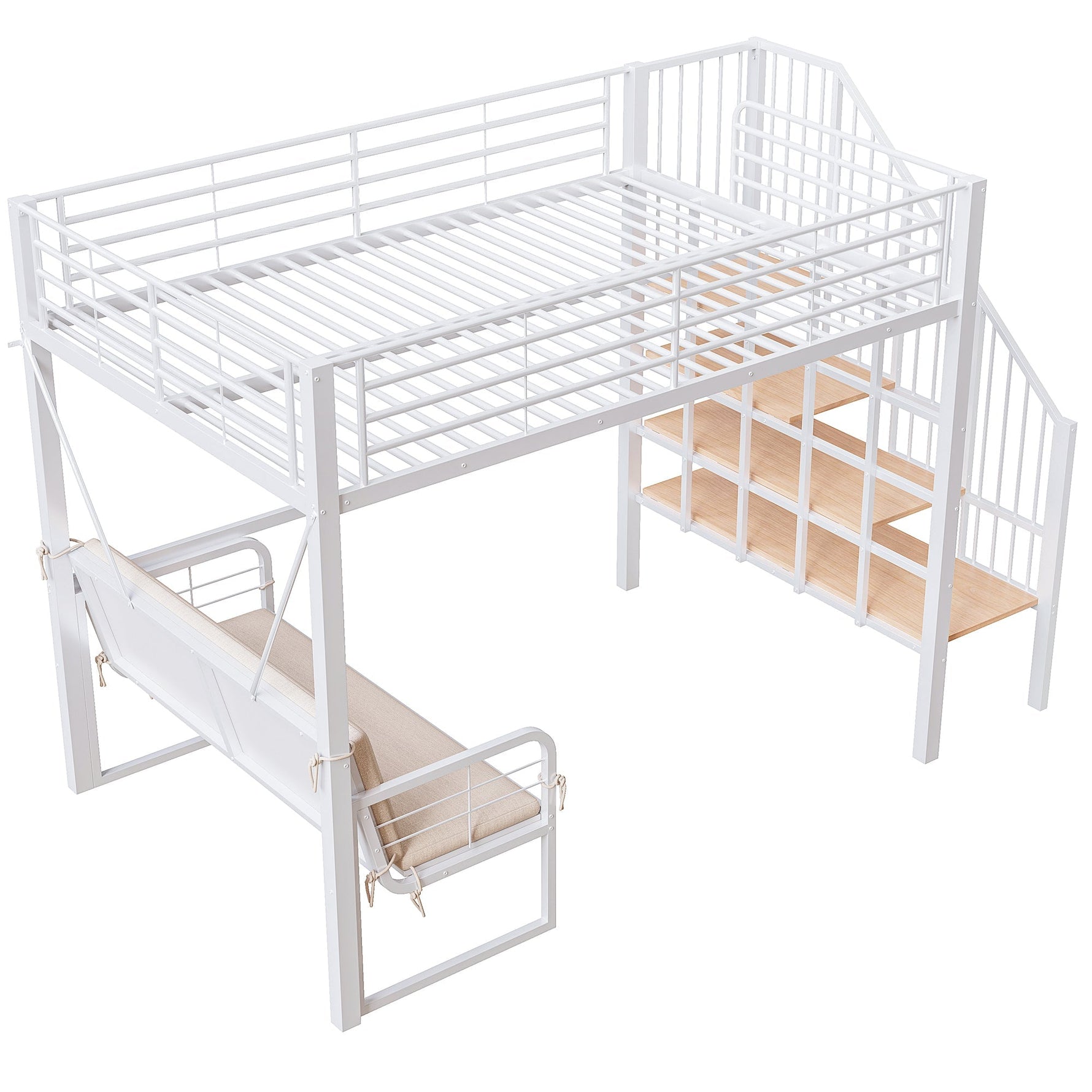 Bunk Bed with Removable Sofa, Storage and Safety Stairs, 140x200cm, White Metal