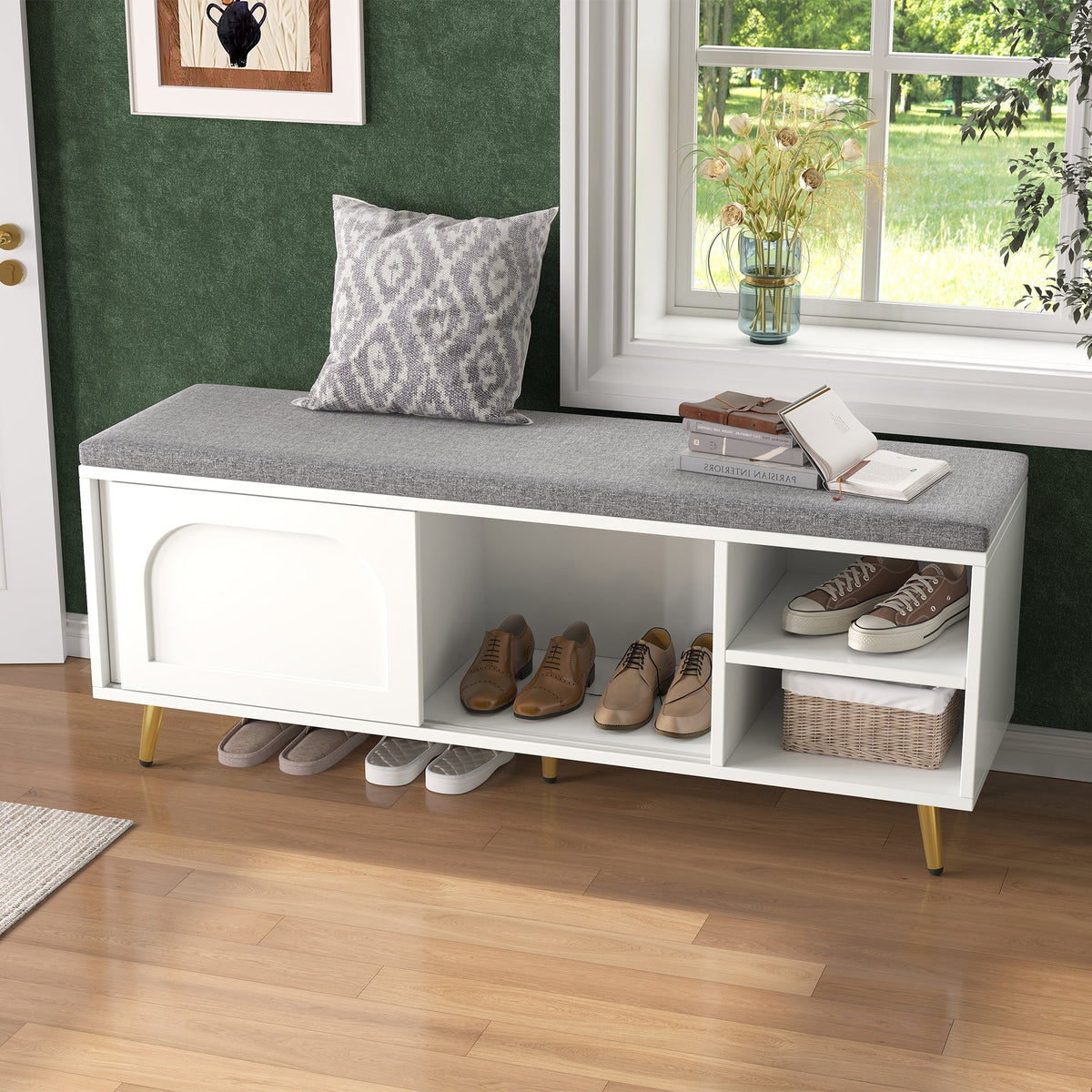 Shoe Bench Storage with Seat Cushion - White