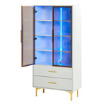 Glass Display Cabinet, 2-Door LED Lighted Tall Storage with Movable Shelves, Golden Legs