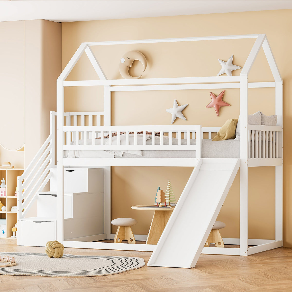 Children's Bunk Bed 90x200 cm, Loft with Slide & Storage Ladder, Solid Wood, White