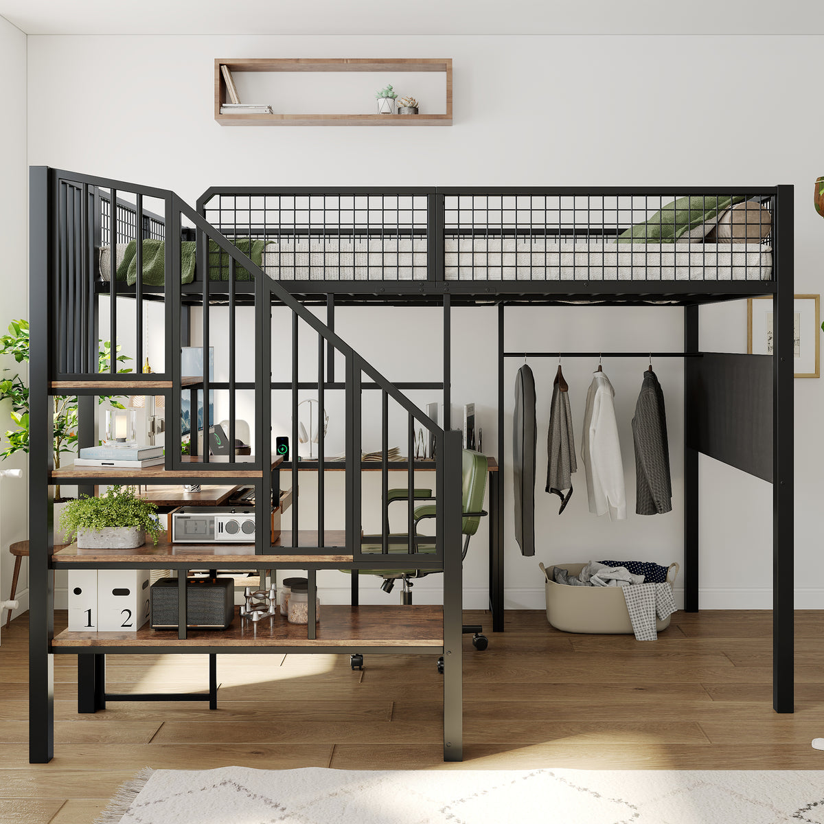 Loft Bed 140x200 cm with Corner Desk & Stairs, Black Metal