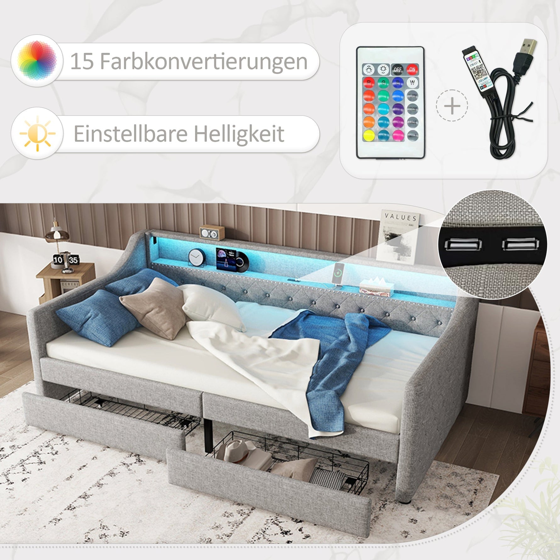 Daybed with LED Lighting, Slatted Base, Drawers and USB Port, Grey Linen