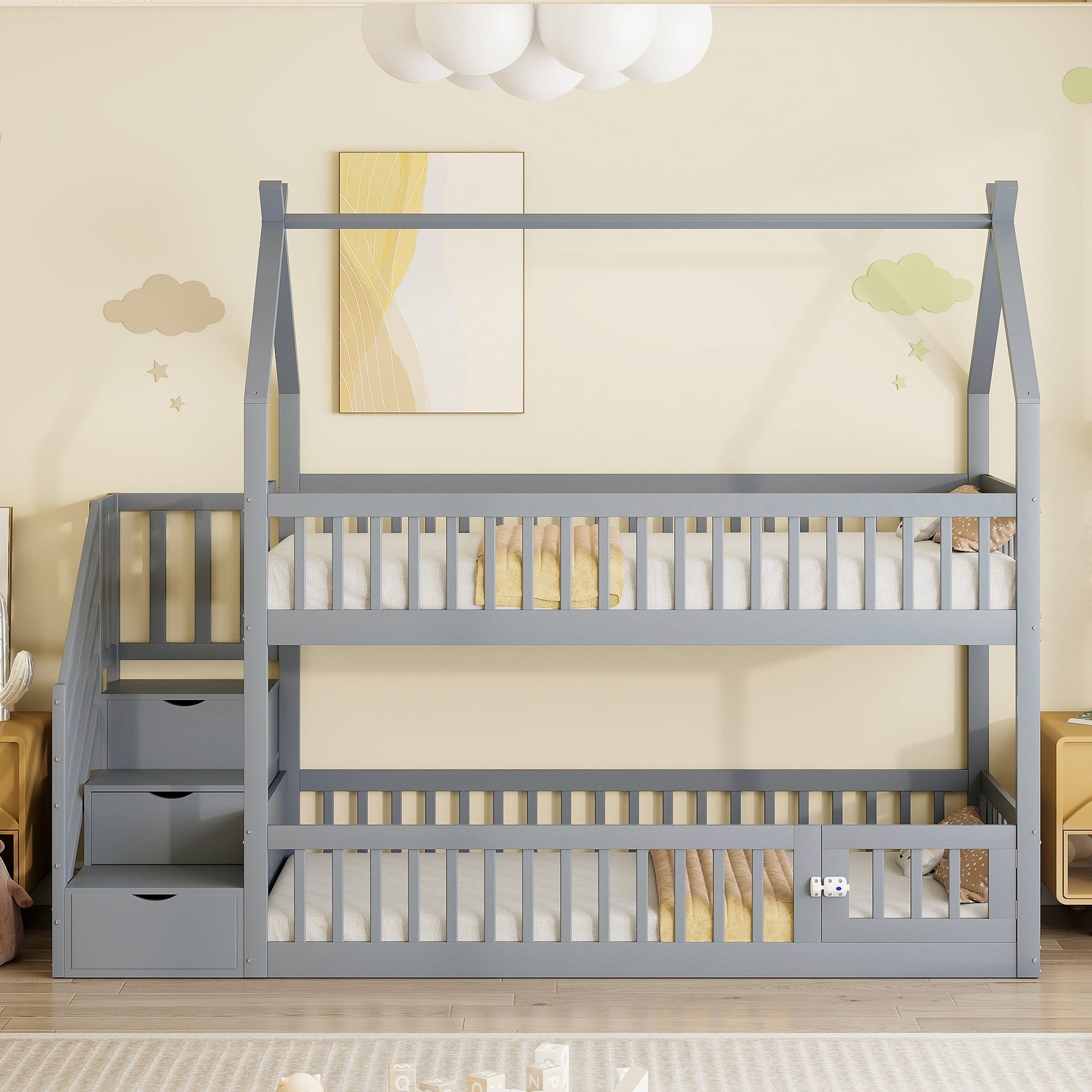 Bunk Bed, 90x200 Children's Single with Roof, Ladder & Storage Drawers, Solid Wood Gray