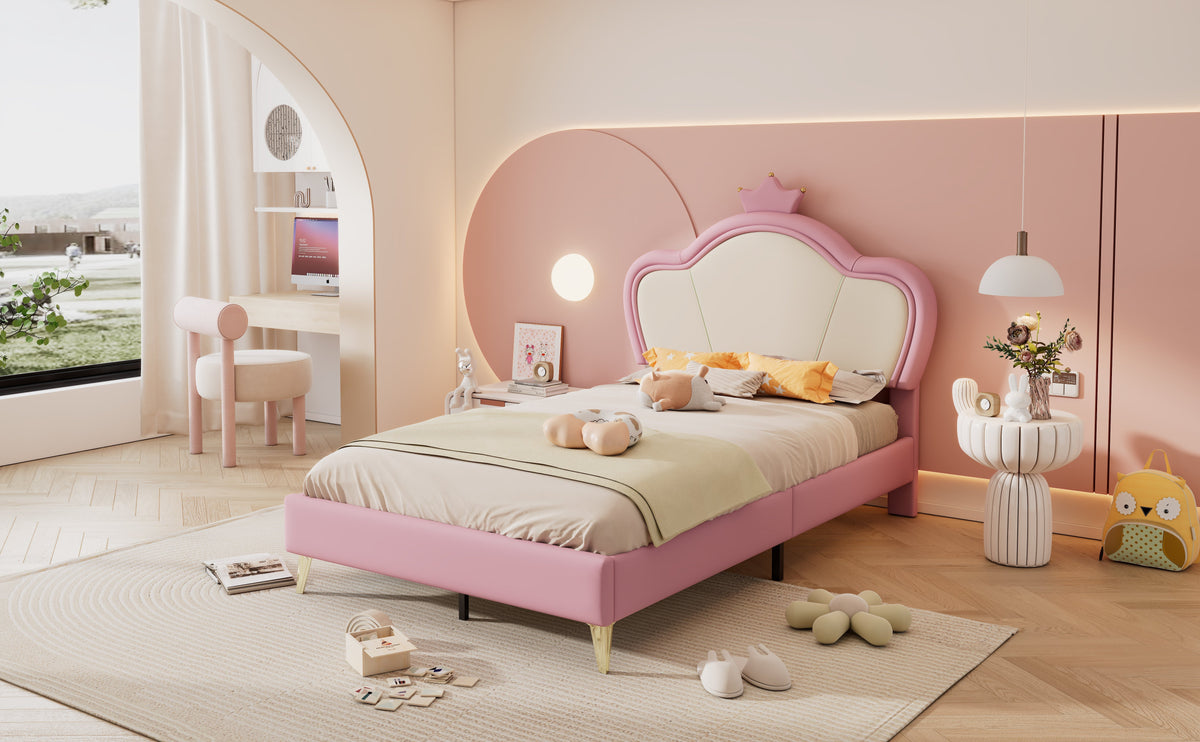 Upholstered Bed, Children's Single Bed with Crown Headboard & Metal Feet, PU Pink+White