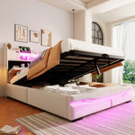 Upholstered Hydraulic Storage Bed 140x200cm LED Light, Beige