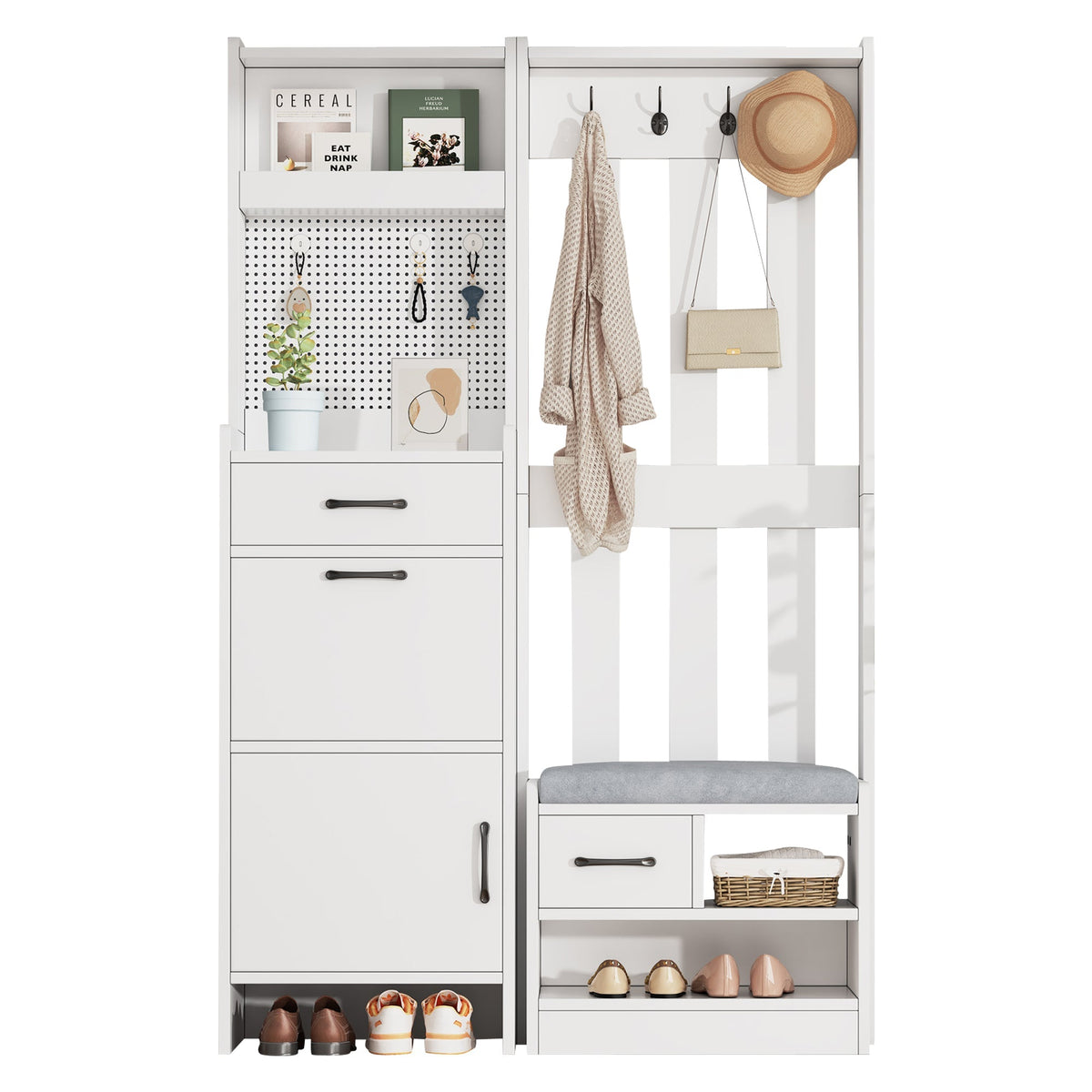 Hallway Coat Rack, 7-in-1 with Shoe Bench, 7 Hooks, Bookshelf, Drawers, White
