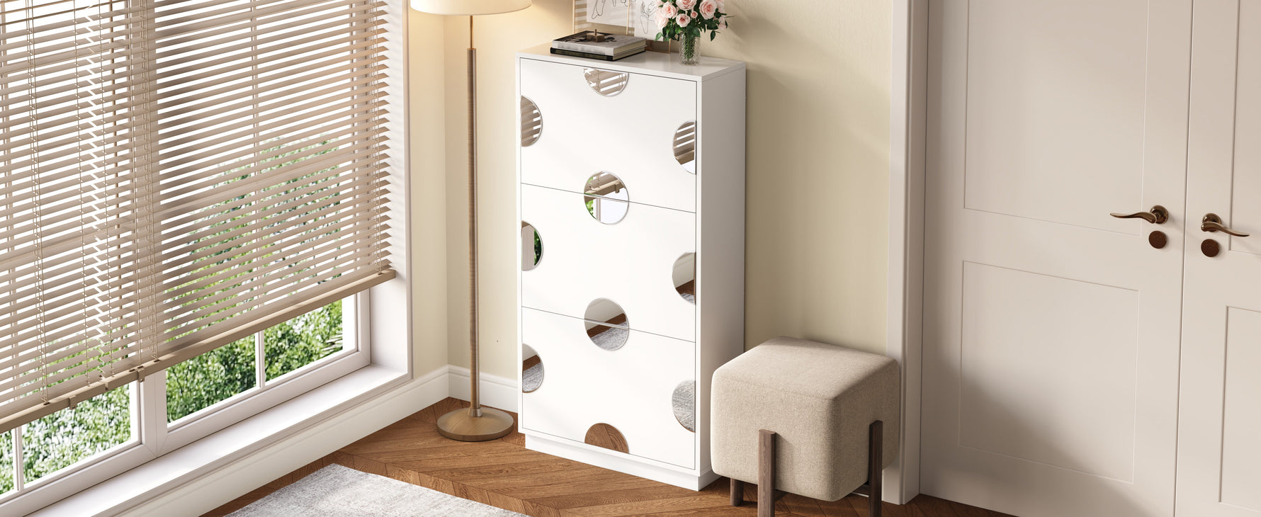 Shoe Cabinet with 3 Doors and Round Mirror, Large Storage for Entryway, White