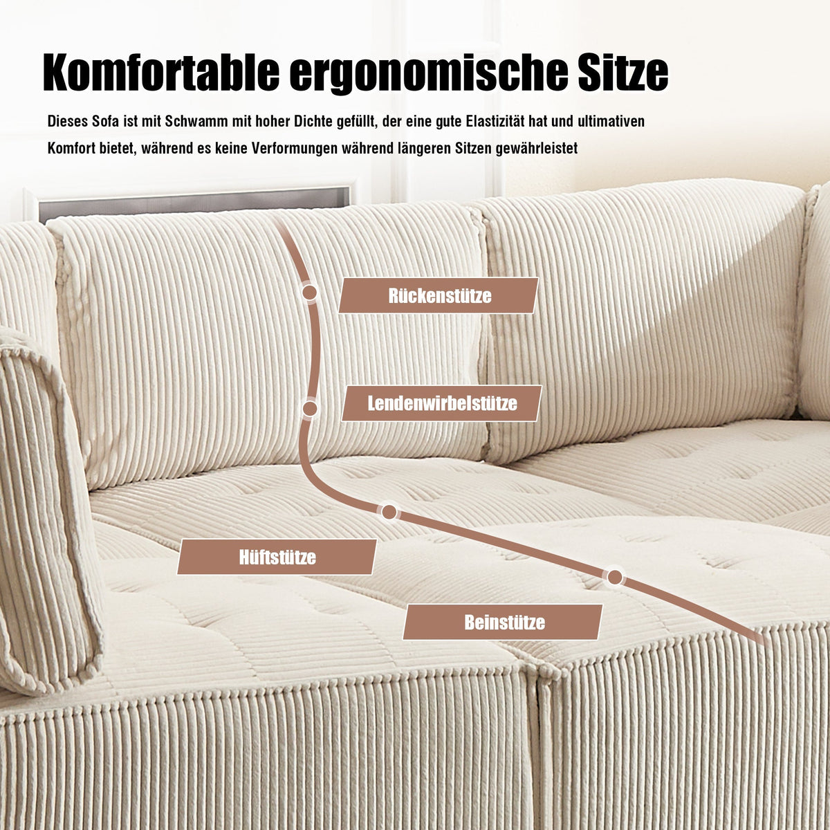 Modular 6-Seater Sofa 308cm Ergonomic Storage Pockets Corduroy, Beige