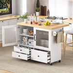 Mobile Kitchen Island Extendable Table Wheels Wine Glass Holder Storage - White