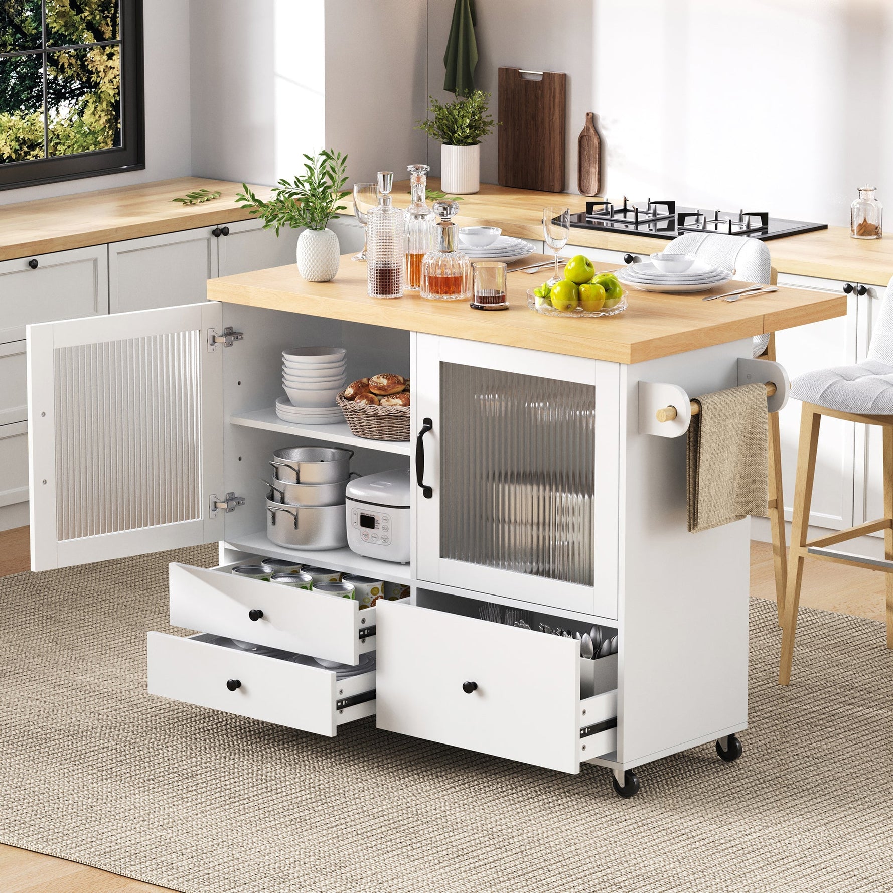 Mobile Kitchen Island Extendable Table Wheels Wine Glass Holder Storage - White