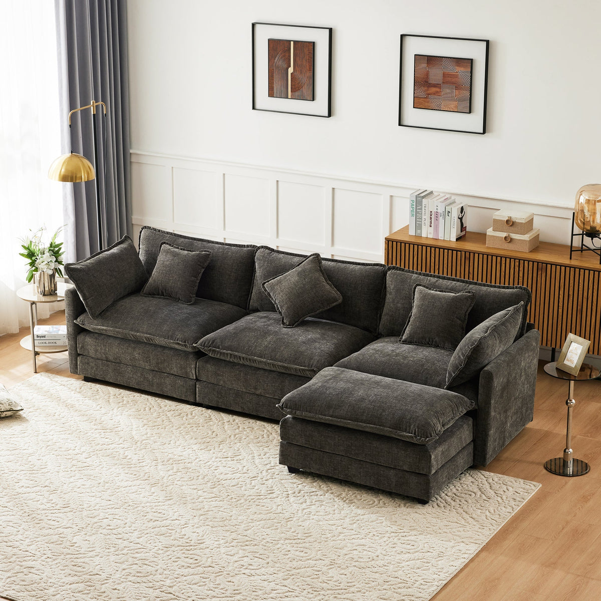 L-Shaped Corner Sofa with Footrest, 3-Seater Upholstered, Chenille Fabric