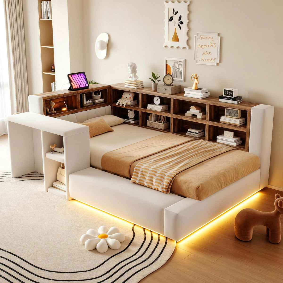 Upholstered Bed 90x200cm with Storage & LED Light, Beige
