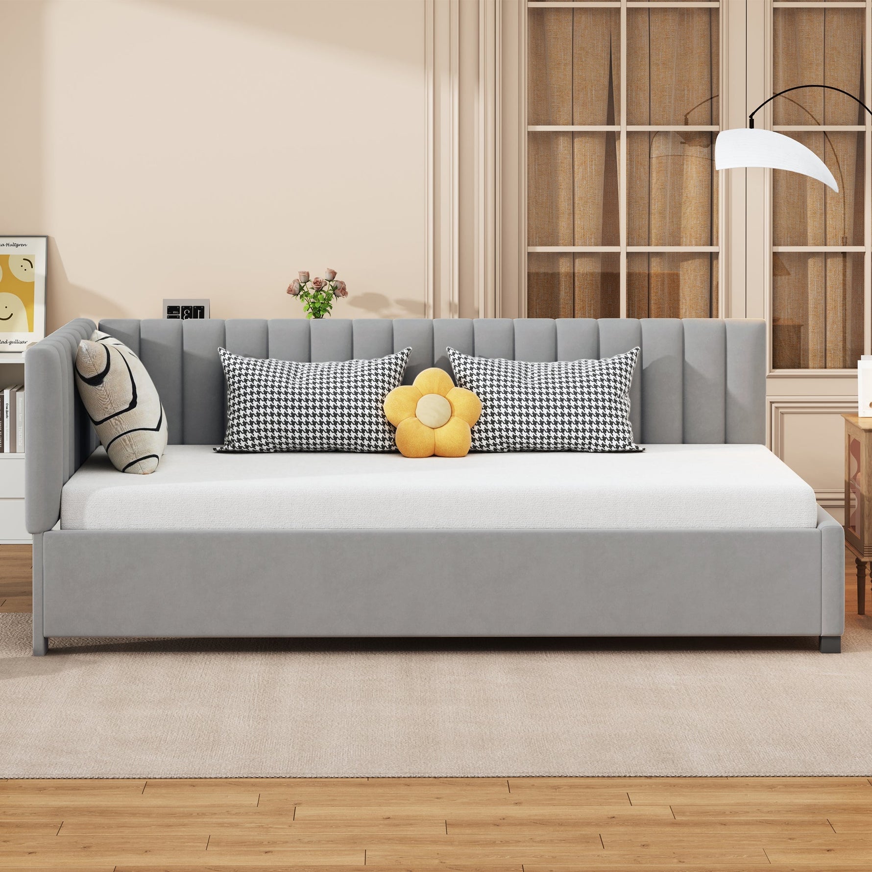 Upholstered Bed Sofa, 90x200 Multifunctional with Slatted Frame, Skin-Friendly Velvet Fabric Gray
