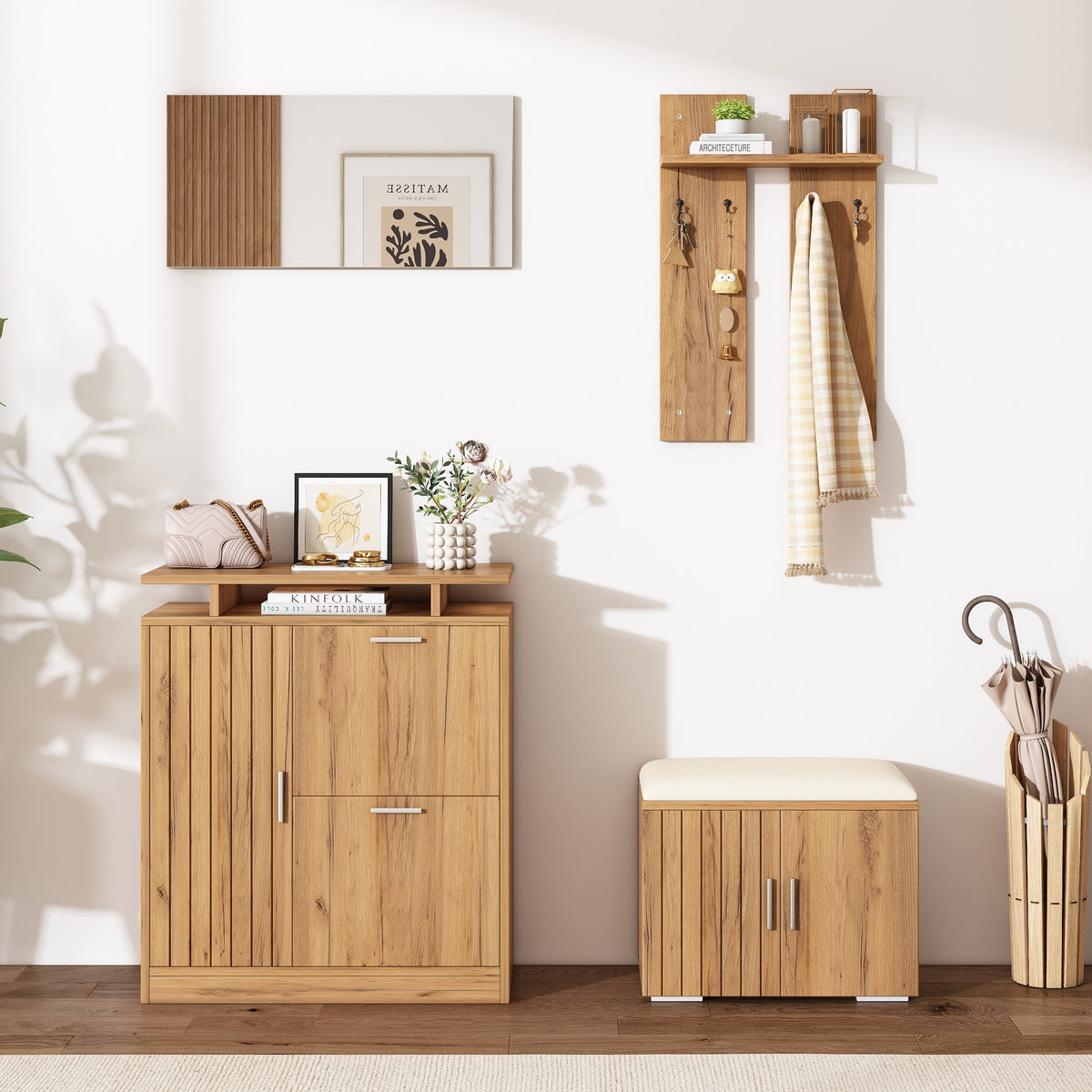 Hallway Wardrobe Set, Shoe Bench and Cabinet with Mirror, 4 Hooks, 5 Doors, Natural