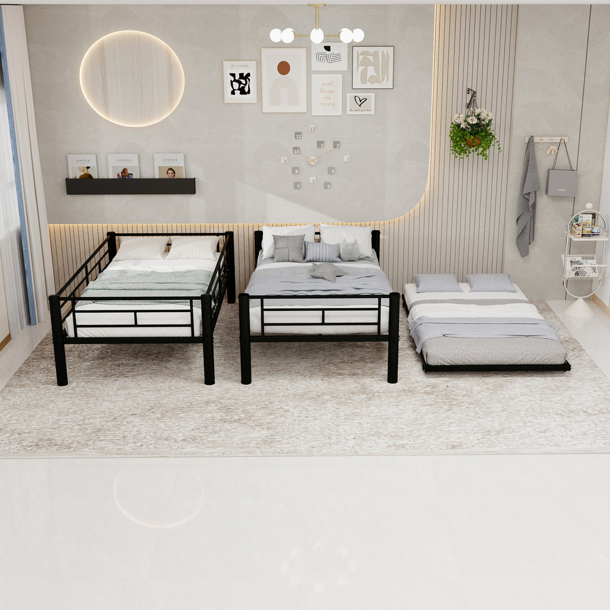 Modern Three-Tier Bed 90x190cm with Safety Railings, Metal