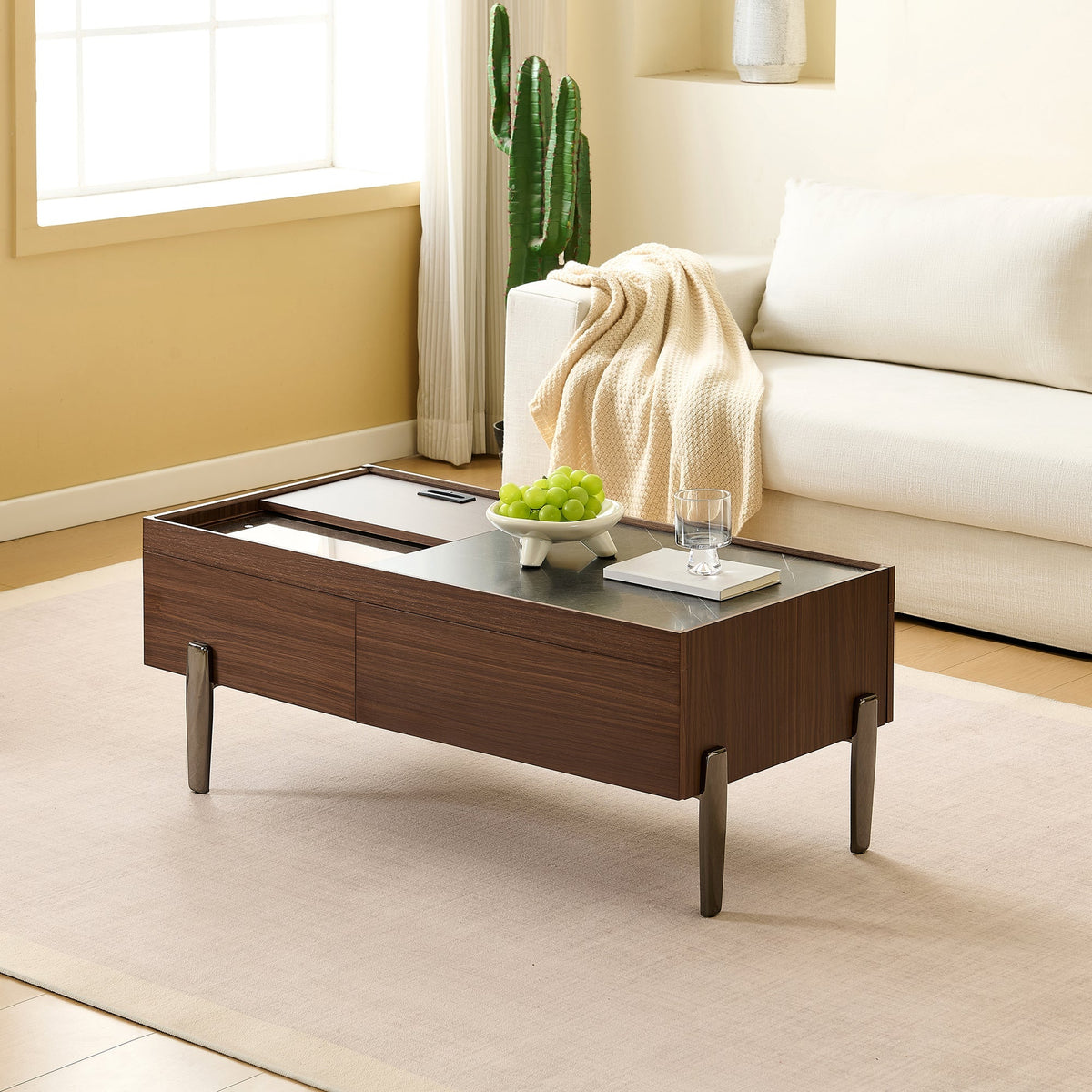 Modern Coffee Table with Drawers, Glass Top & Storage, Dark Brown Wood & Marble-Effect