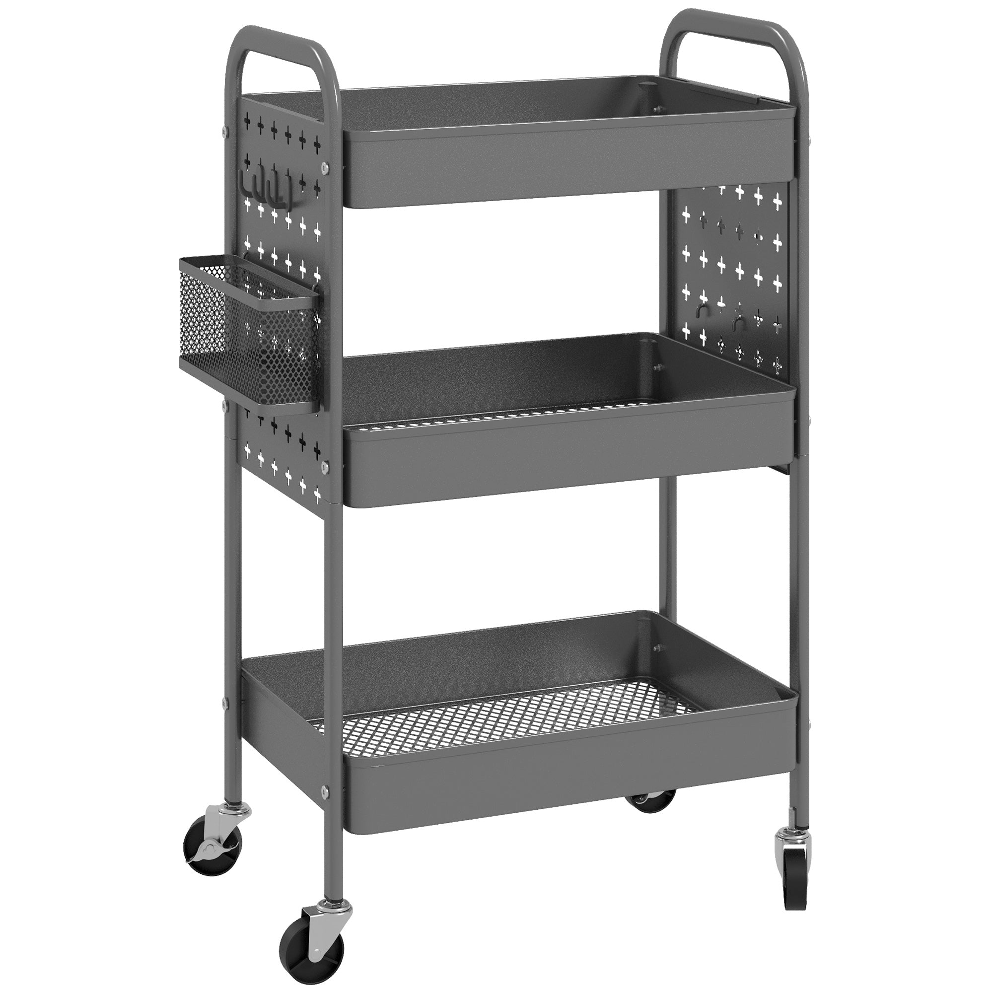 Rolling Serving Cart, 3 Tiers, 2 Baskets, Steel, Dark Grey