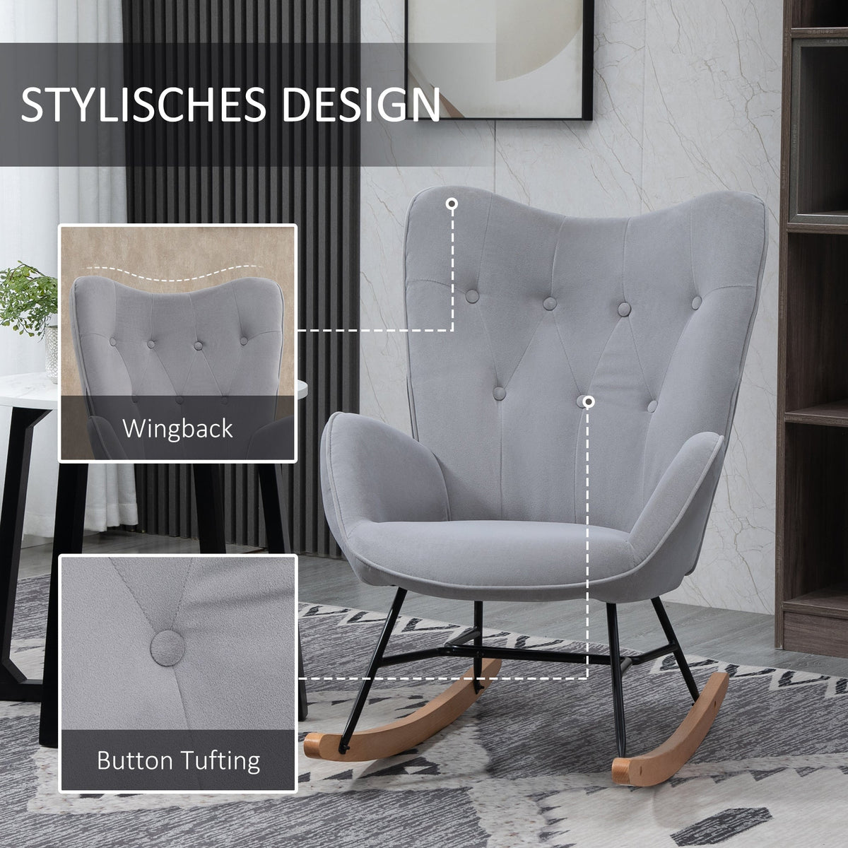 Rocking Chair, Ergonomic Swing, Nursing, Velvet Look, Light Grey
