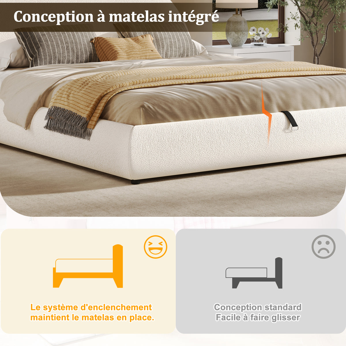 Upholstered Double Bed 160x200cm with Storage, White Bouclé