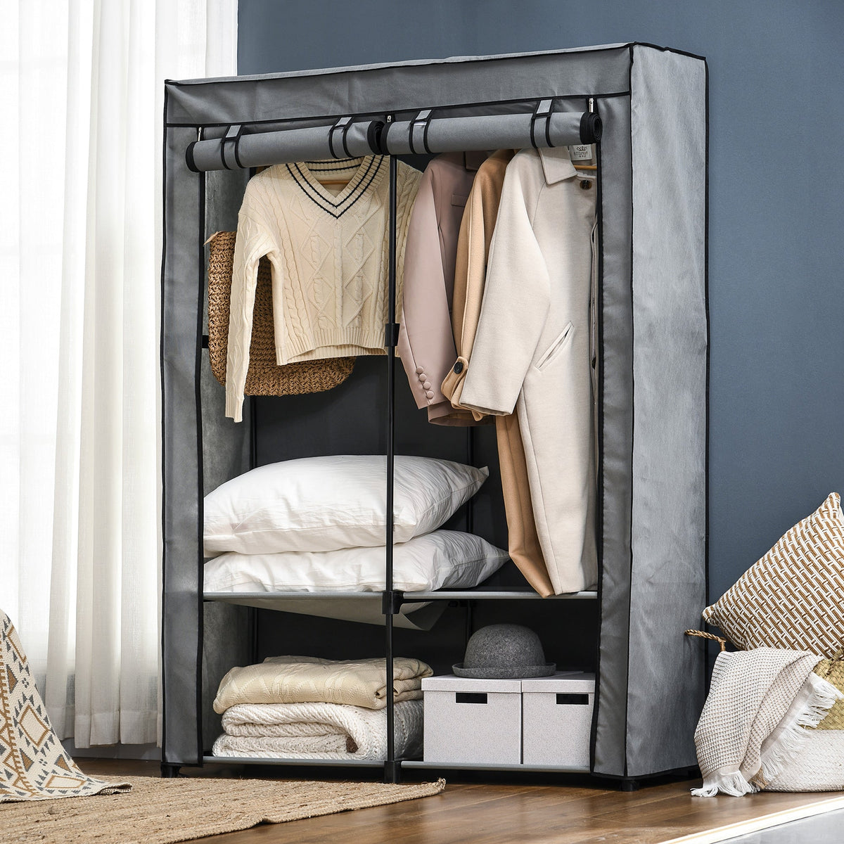 Wardrobe Fabric, Foldable with Zipper, Light Grey