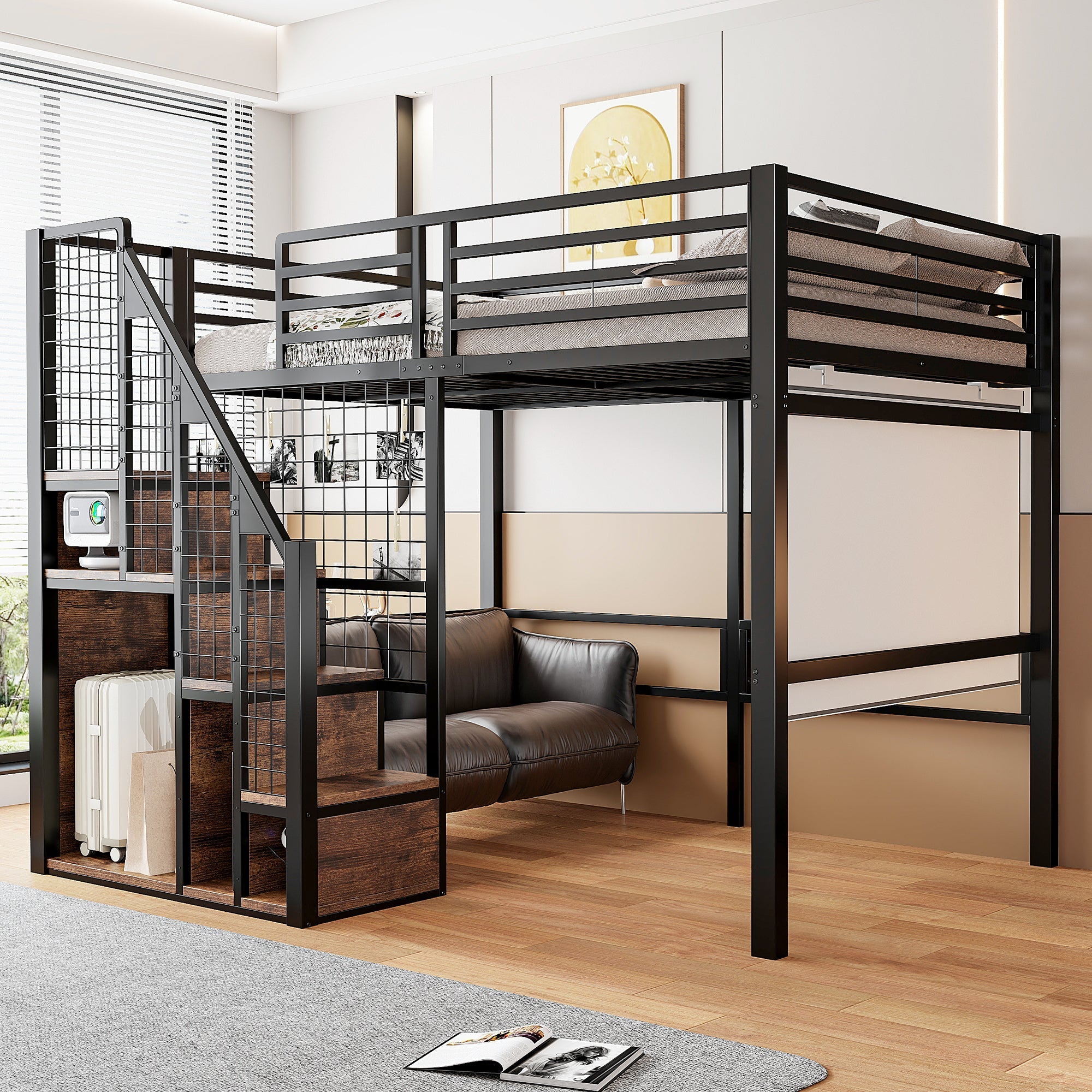 Loft Bed 140x200cm with Safety Ladder Iron Frame Storage Area - Black