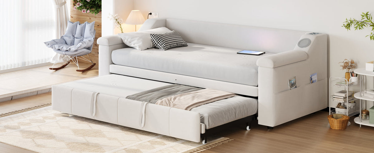 Sofa Bed, 90/180*190cm, Bluetooth, USB, Storage, Slatted Frame, Velvet Beige