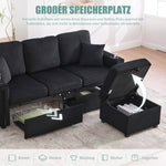 Velvet Sofa with LED & USB-C, Storage Footrest, Cup Holders, Black