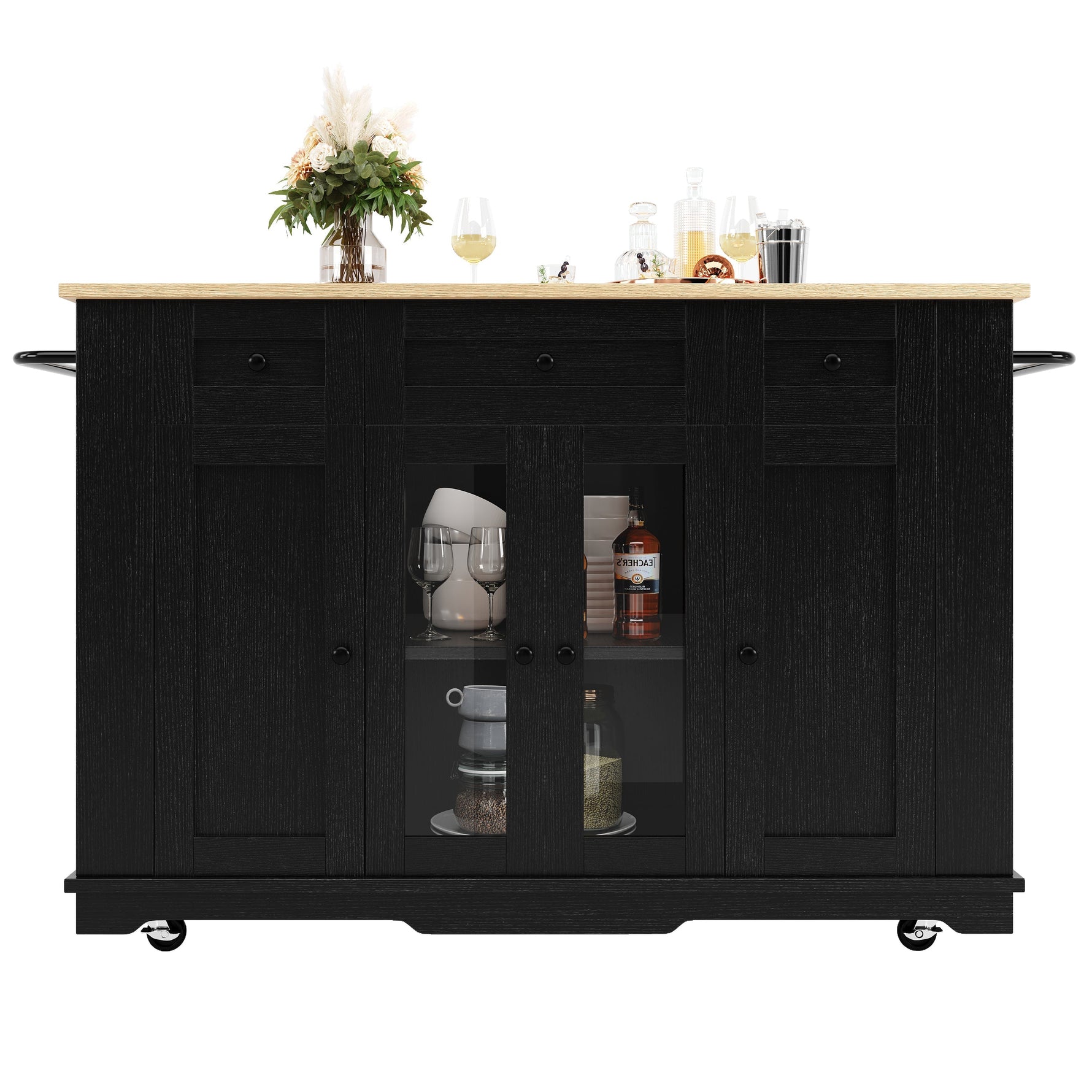 Kitchen Island, Removable Dividers, Dining Cart with Tempered Glass, Black