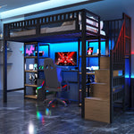 Loft Bed with Desk, LED Lights, USB Port and Storage Ladder, Black Iron Frame