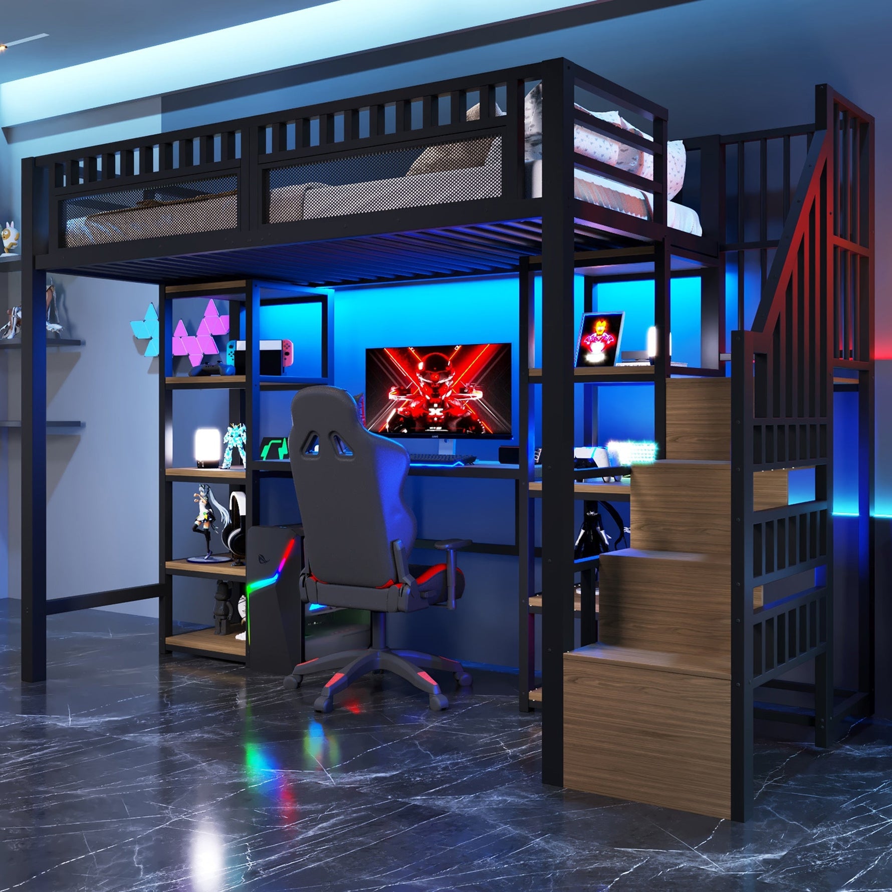 Loft Bed with Desk, LED Lights, USB Port and Storage Ladder, Black Iron Frame