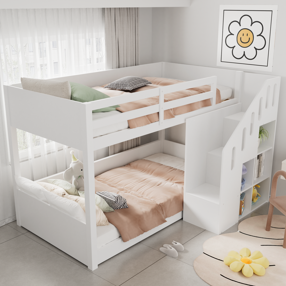 Bunk Bed 90x200cm with Stairs Lockers & Railing - White