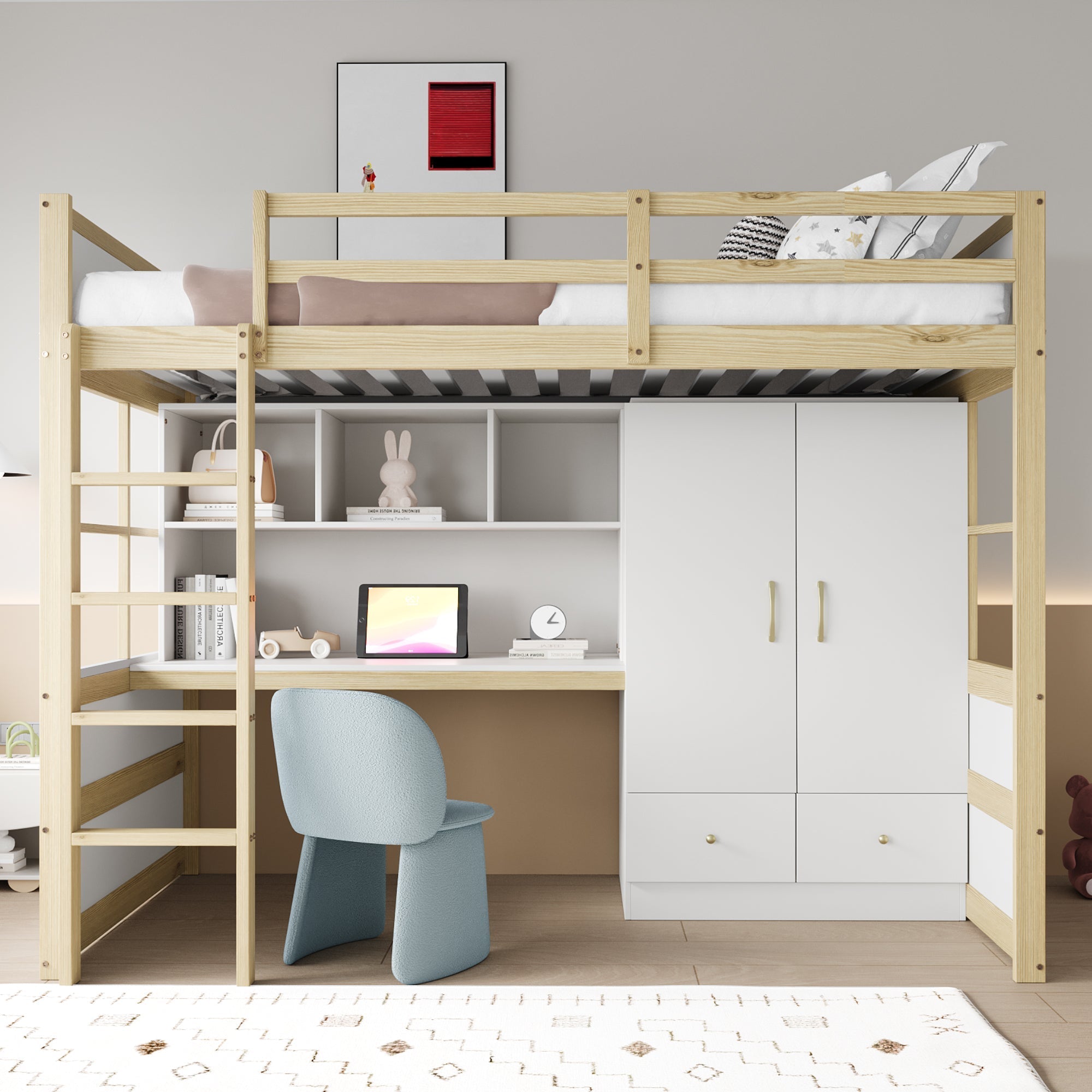 Loft Bed, 90x200cm with Ladder, Desk, Wardrobe & Drawers, Wood Color