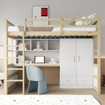 Loft Bed, 90x200cm with Ladder, Desk, Wardrobe & Drawers, Wood Color