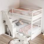 Bunk Bed, 90x200 cm, High Safety Rail, Storage Ladder & Drawers, Solid Wood, White
